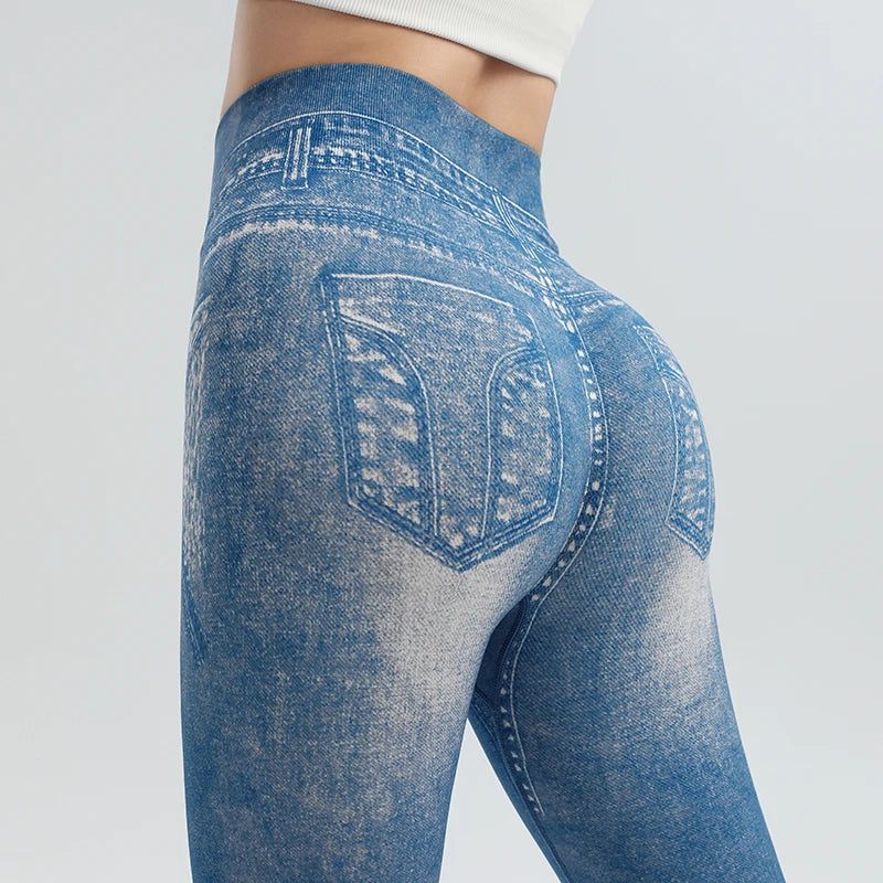 High-Waisted Imitation Denim Bottoming Trousers